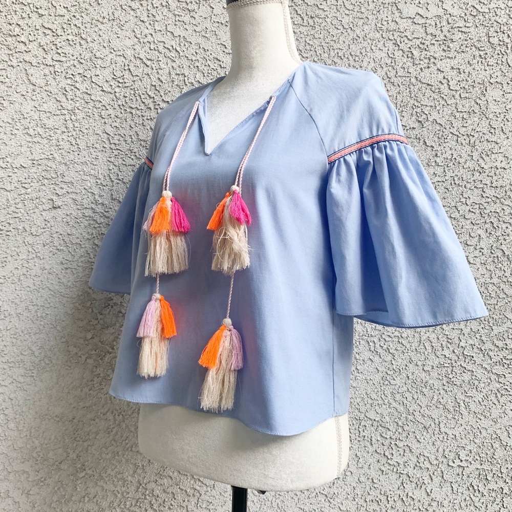 Zara Trafaluc Collection Blue Tassel Blouse S - Picture 7 of 9